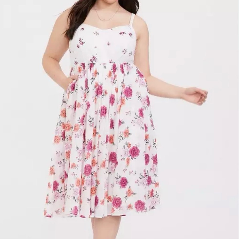 NWT Torrid White Pink Floral Challis Smocked Back Midi Sundress 5X